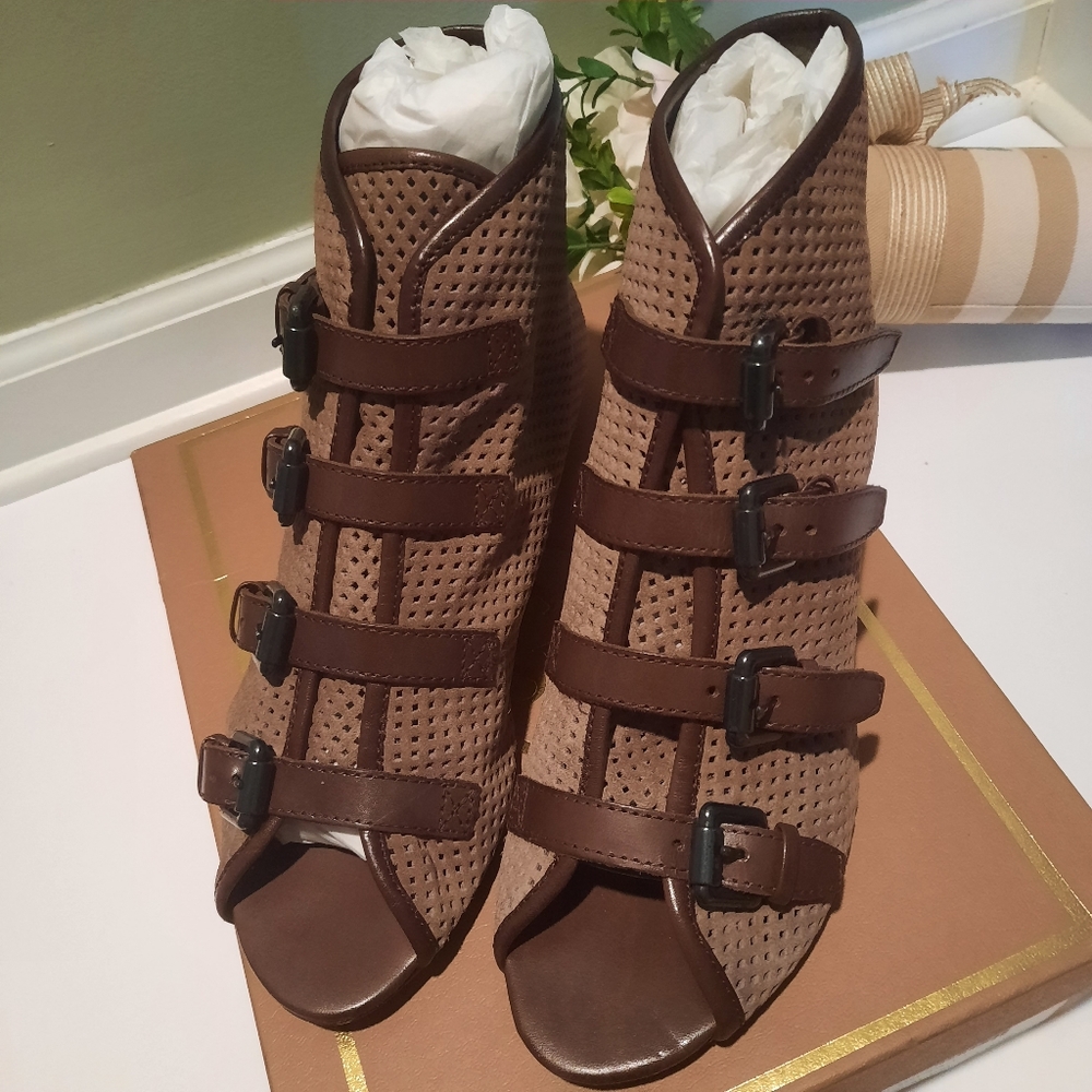 Open Toe Taupe Suede Bootie, Size 9.5M